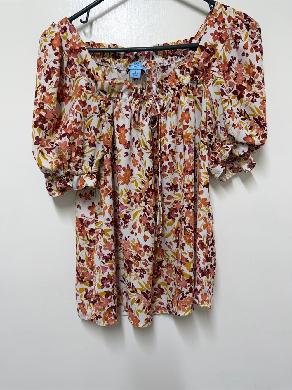 CeCe Cream Top with Rust, Mustard & Burgundy Floral Print